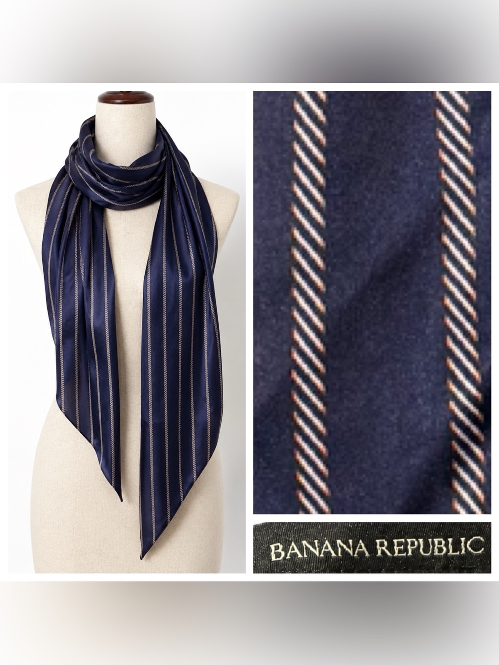Banana republic navy, white striped long silky scarf- two layers- pointed ends.